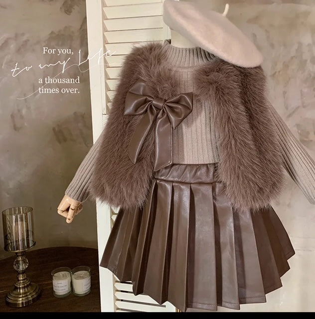 3pcs Girls Fur vest Coat and Leather Skirt