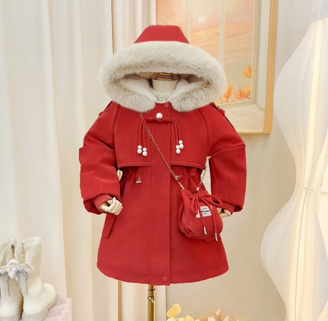 Hooded Fur Zipper Cotton Winter Jacket For Girls