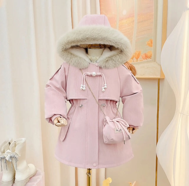 Hooded Fur Zipper Cotton Winter Jacket For Girls