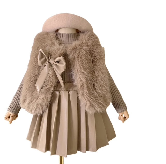 3pcs Girls Fur vest Coat and Leather Skirt