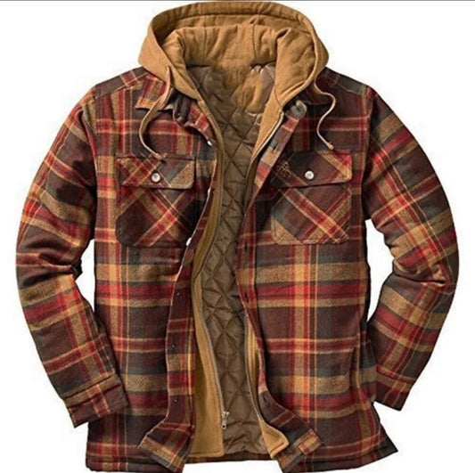 Men Classic Winter Padded Plaid Hooded Shirt